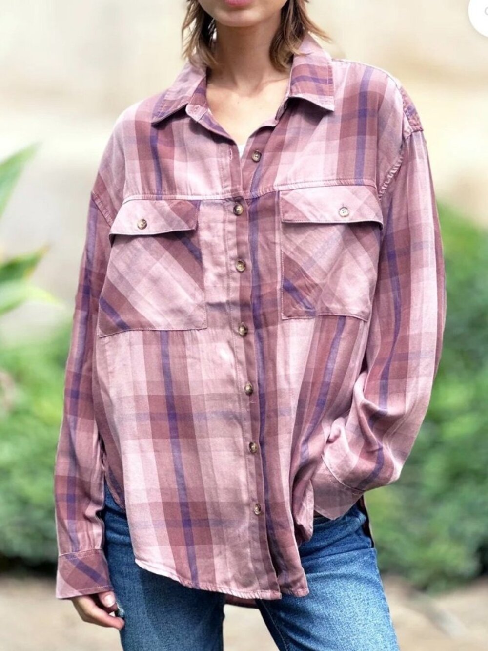 Billy T Stay Over Button Shirt Small Espresso Pink Plaid Oversized